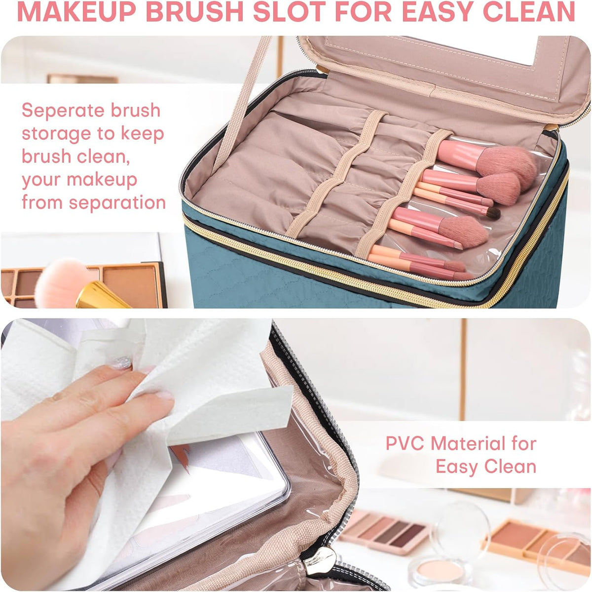 Double Layer Travel Makeup Bag Women, Cosmetic Organizer Case, Travel Essentials Accessories with Shoulder Strap for Bottles, Brushes, Conditioner, Skin Care Products, Pink