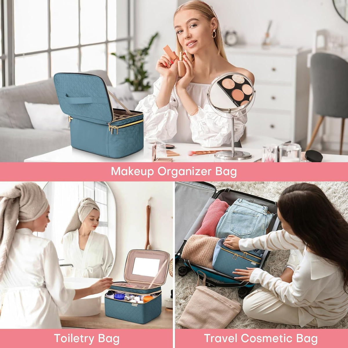 Double Layer Travel Makeup Bag Women, Cosmetic Organizer Case, Travel Essentials Accessories with Shoulder Strap for Bottles, Brushes, Conditioner, Skin Care Products, Pink
