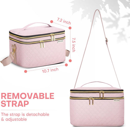 Double Layer Travel Makeup Bag Women, Cosmetic Organizer Case, Travel Essentials Accessories with Shoulder Strap for Bottles, Brushes, Conditioner, Skin Care Products, Pink