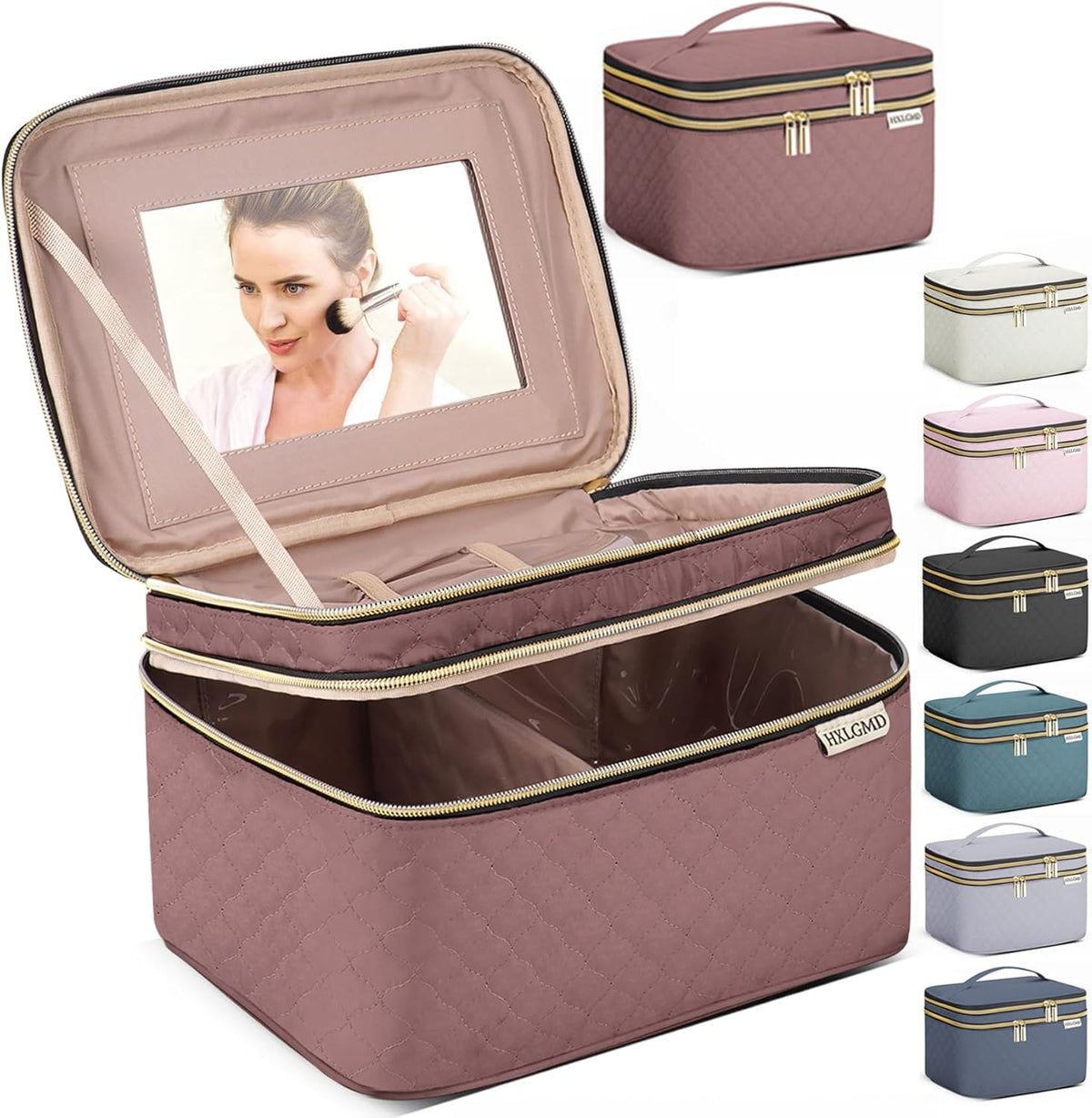 Double Layer Travel Makeup Bag Women, Cosmetic Organizer Case, Travel Essentials Accessories with Shoulder Strap for Bottles, Brushes, Conditioner, Skin Care Products, Pink