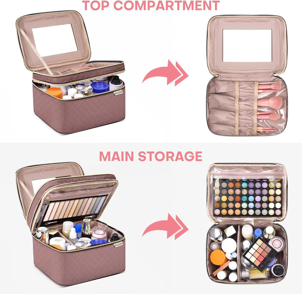 Double Layer Travel Makeup Bag Women, Cosmetic Organizer Case, Travel Essentials Accessories with Shoulder Strap for Bottles, Brushes, Conditioner, Skin Care Products, Pink