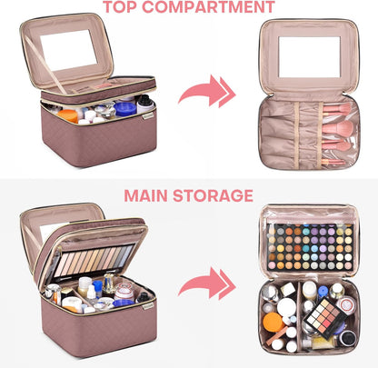 Double Layer Travel Makeup Bag Women, Cosmetic Organizer Case, Travel Essentials Accessories with Shoulder Strap for Bottles, Brushes, Conditioner, Skin Care Products, Pink