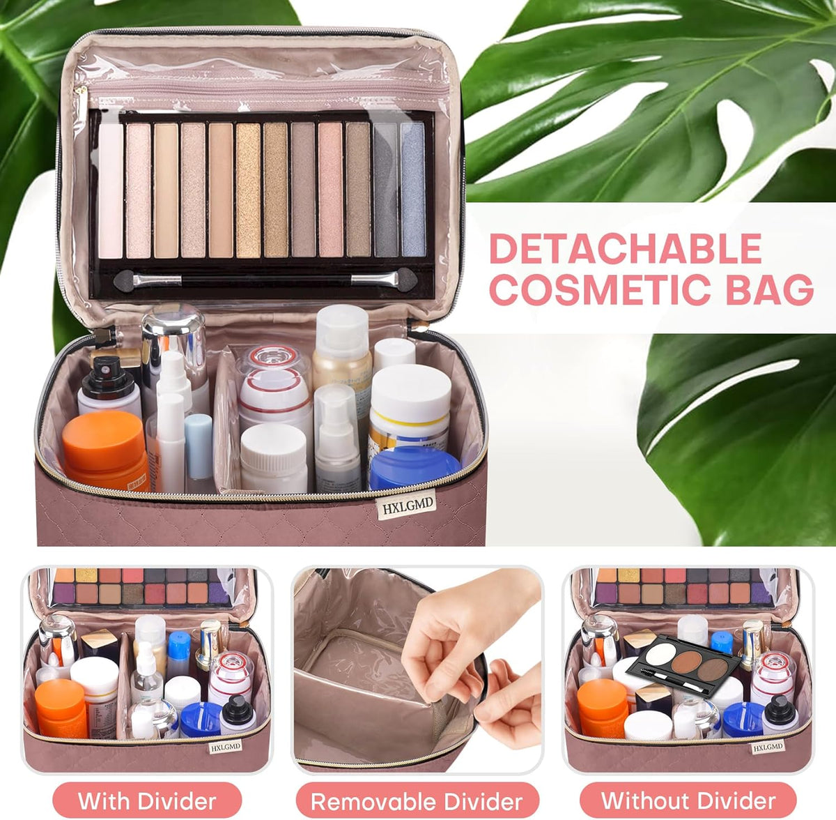 Double Layer Travel Makeup Bag Women, Cosmetic Organizer Case, Travel Essentials Accessories with Shoulder Strap for Bottles, Brushes, Conditioner, Skin Care Products, Pink