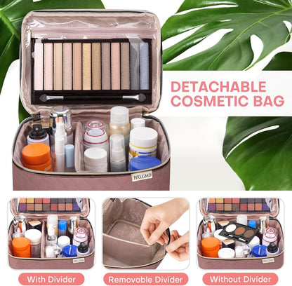 Double Layer Travel Makeup Bag Women, Cosmetic Organizer Case, Travel Essentials Accessories with Shoulder Strap for Bottles, Brushes, Conditioner, Skin Care Products, Pink