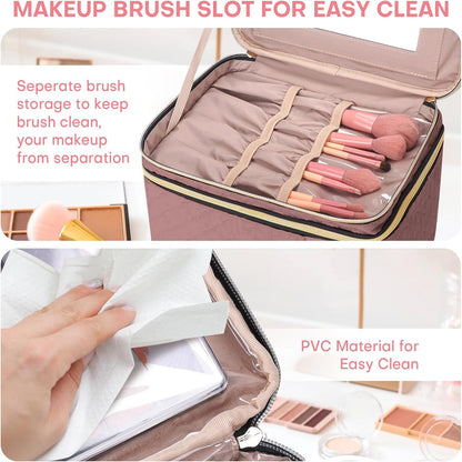 Double Layer Travel Makeup Bag Women, Cosmetic Organizer Case, Travel Essentials Accessories with Shoulder Strap for Bottles, Brushes, Conditioner, Skin Care Products, Pink