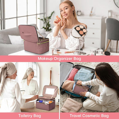 Double Layer Travel Makeup Bag Women, Cosmetic Organizer Case, Travel Essentials Accessories with Shoulder Strap for Bottles, Brushes, Conditioner, Skin Care Products, Pink