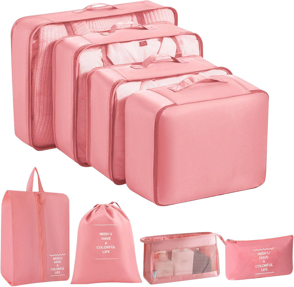 8 Set Packing Cubes for Suitcases, Travel Luggage Packing Organizers with Laundry Bag, Compression Storage Shoe Bag, Clothing Underwear Bag (Pink)