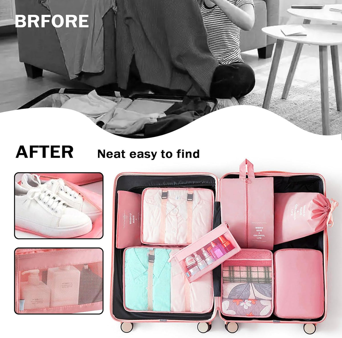 8 Set Packing Cubes for Suitcases, Travel Luggage Packing Organizers with Laundry Bag, Compression Storage Shoe Bag, Clothing Underwear Bag (Pink)