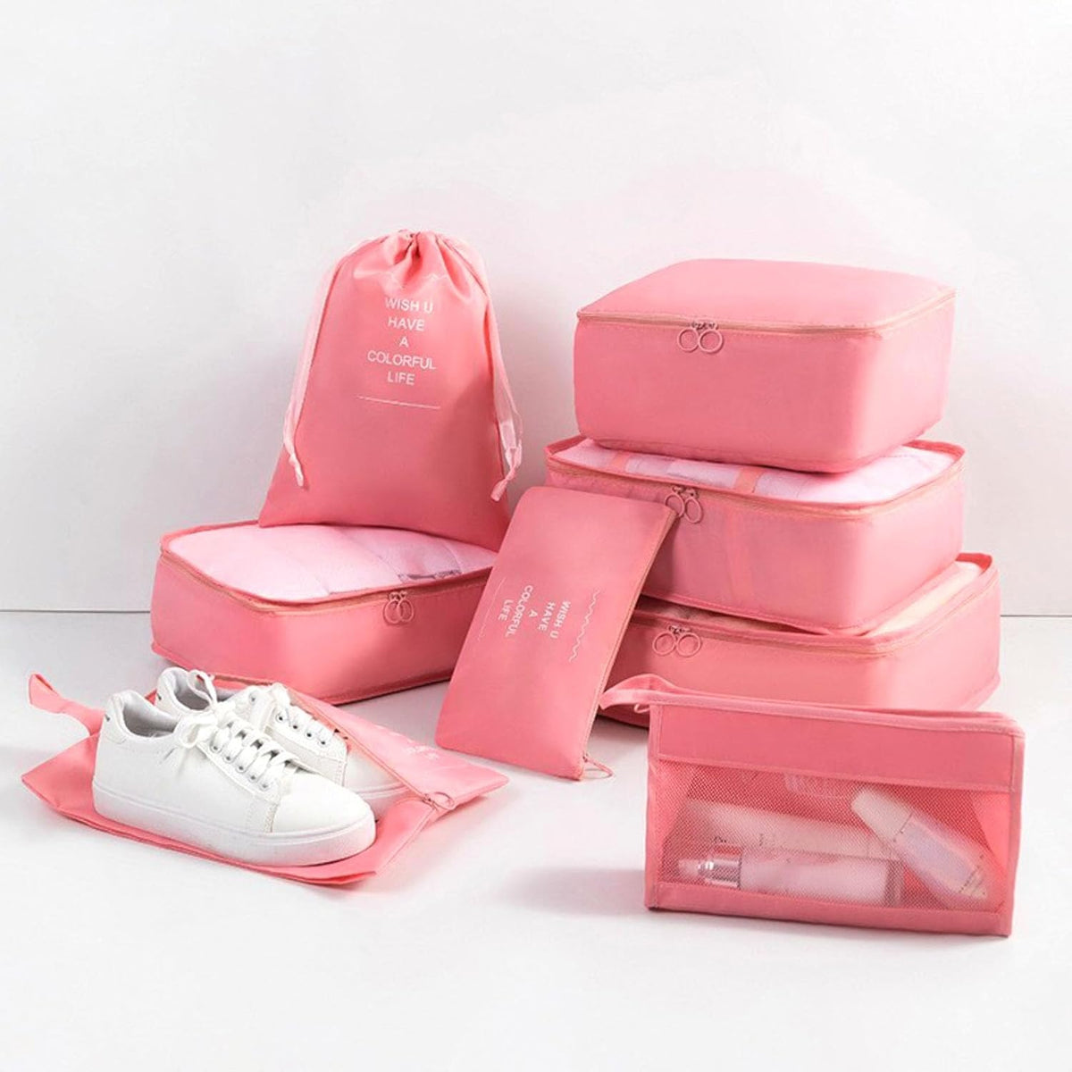 8 Set Packing Cubes for Suitcases, Travel Luggage Packing Organizers with Laundry Bag, Compression Storage Shoe Bag, Clothing Underwear Bag (Pink)