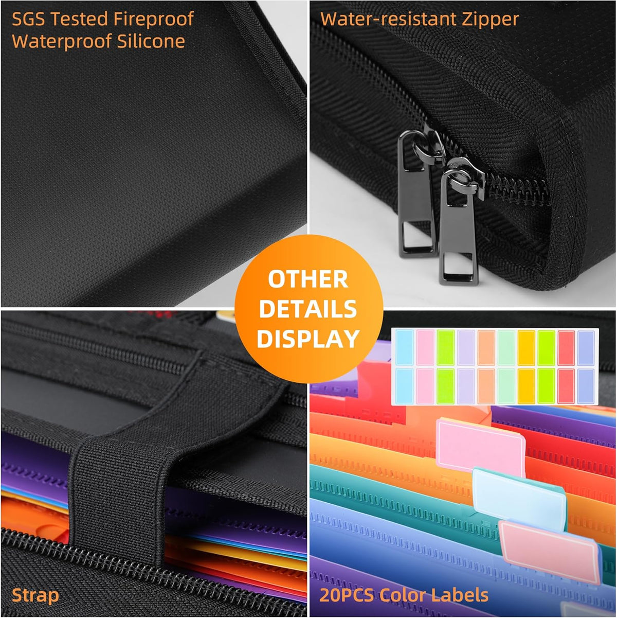 Fireproof Accordion File Organizer | 13 Pockets Accordion Folder with Zipper & Labels, Multi-Pockets Document Organizer for Files and More