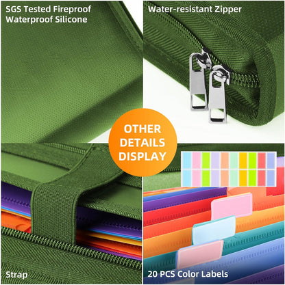 Fireproof Accordion File Organizer | 13 Pockets Accordion Folder with Zipper & Labels, Multi-Pockets Document Organizer for Files and More