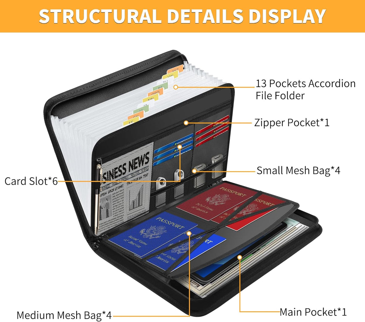 Fireproof Accordion File Organizer | 13 Pockets Accordion Folder with Zipper & Labels, Multi-Pockets Document Organizer for Files and More