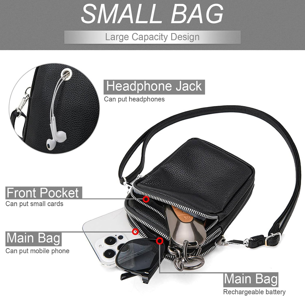 Cell Phone Purse Small Crossbody Bag for Women Men Leather Mini Shoulder Bag Wallet with Card Holder Slot Pouch Neck Strap for All Phones iPhone 17 Pro Max 16 15 Plus 14 13 up to 7.5" Black and Gold