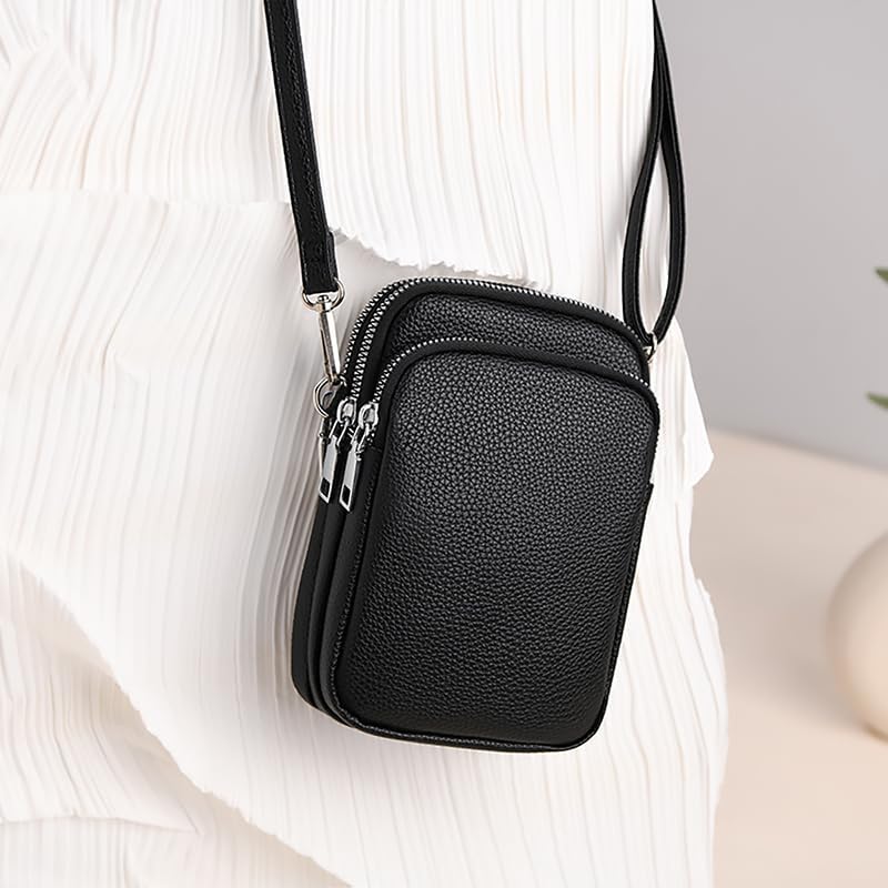 Cell Phone Purse Small Crossbody Bag for Women Men Leather Mini Shoulder Bag Wallet with Card Holder Slot Pouch Neck Strap for All Phones iPhone 17 Pro Max 16 15 Plus 14 13 up to 7.5" Black and Gold