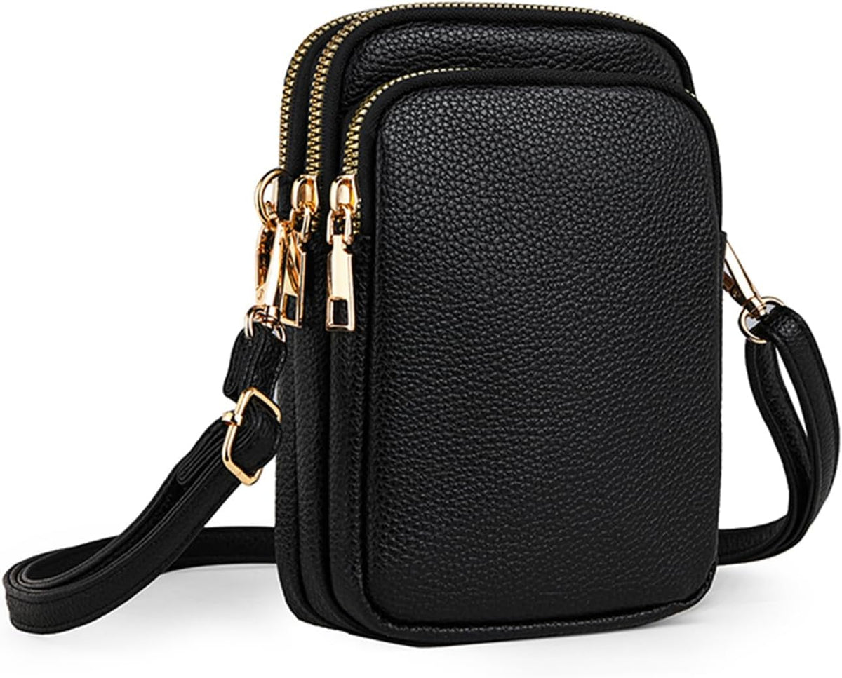 Cell Phone Purse Small Crossbody Bag for Women Men Leather Mini Shoulder Bag Wallet with Card Holder Slot Pouch Neck Strap for All Phones iPhone 17 Pro Max 16 15 Plus 14 13 up to 7.5" Black and Gold