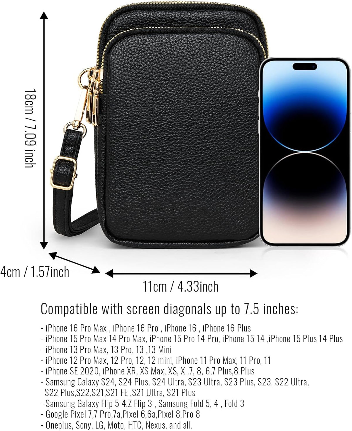 Cell Phone Purse Small Crossbody Bag for Women Men Leather Mini Shoulder Bag Wallet with Card Holder Slot Pouch Neck Strap for All Phones iPhone 17 Pro Max 16 15 Plus 14 13 up to 7.5" Black and Gold