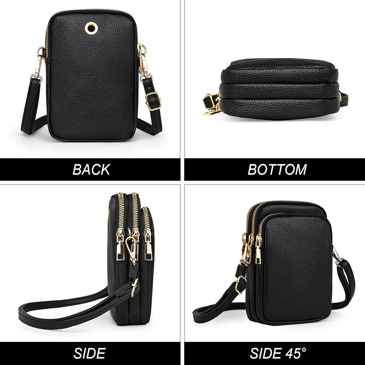 Cell Phone Purse Small Crossbody Bag for Women Men Leather Mini Shoulder Bag Wallet with Card Holder Slot Pouch Neck Strap for All Phones iPhone 17 Pro Max 16 15 Plus 14 13 up to 7.5" Black and Gold