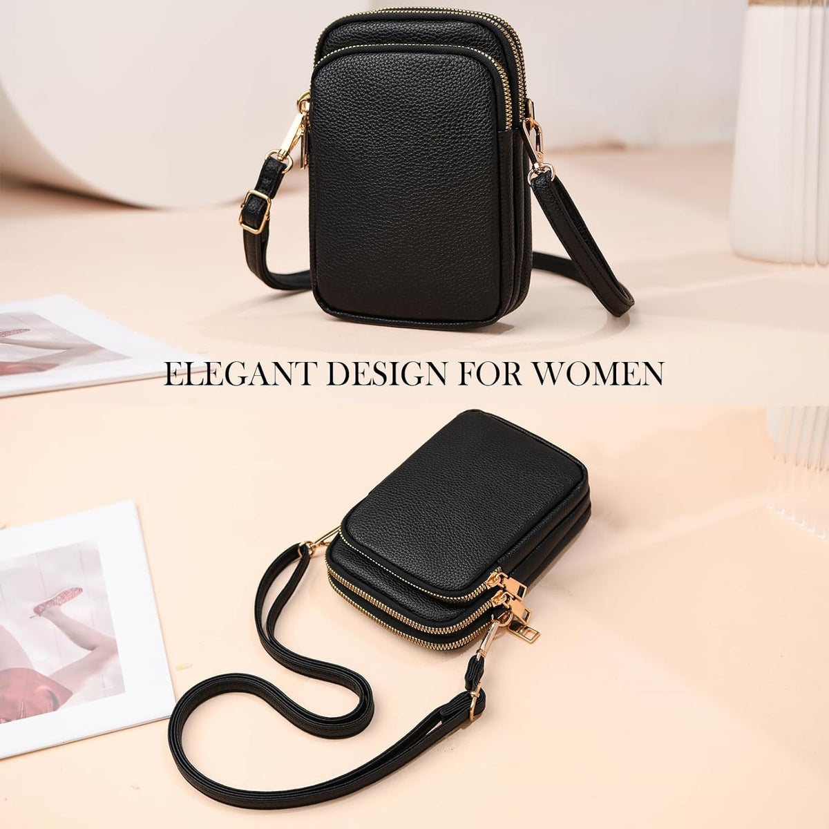 Cell Phone Purse Small Crossbody Bag for Women Men Leather Mini Shoulder Bag Wallet with Card Holder Slot Pouch Neck Strap for All Phones iPhone 17 Pro Max 16 15 Plus 14 13 up to 7.5" Black and Gold