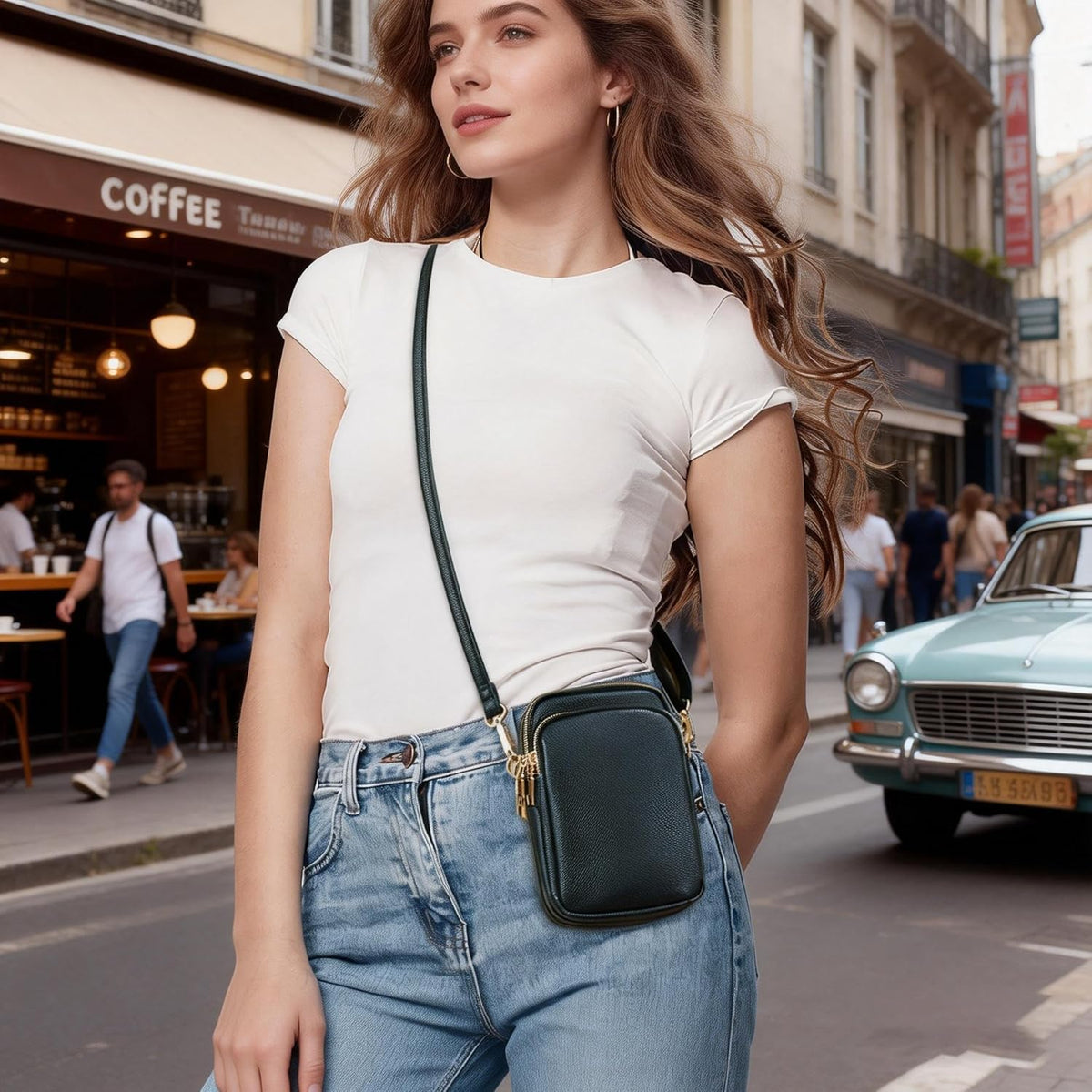 Cell Phone Purse Small Crossbody Bag for Women Men Leather Mini Shoulder Bag Wallet with Card Holder Slot Pouch Neck Strap for All Phones iPhone 17 Pro Max 16 15 Plus 14 13 up to 7.5" Black and Gold