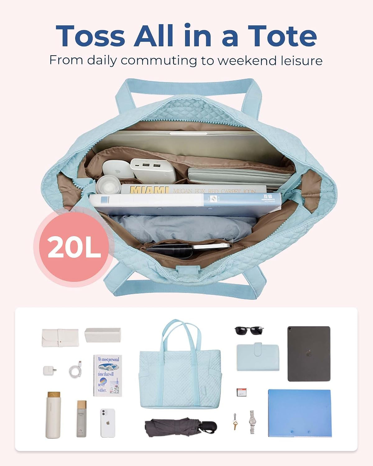 Crush Tote Bag for Women, 20L Puffer Work Tote with Zipper, Travel Essentials Quilted Nurse Hospital Bag