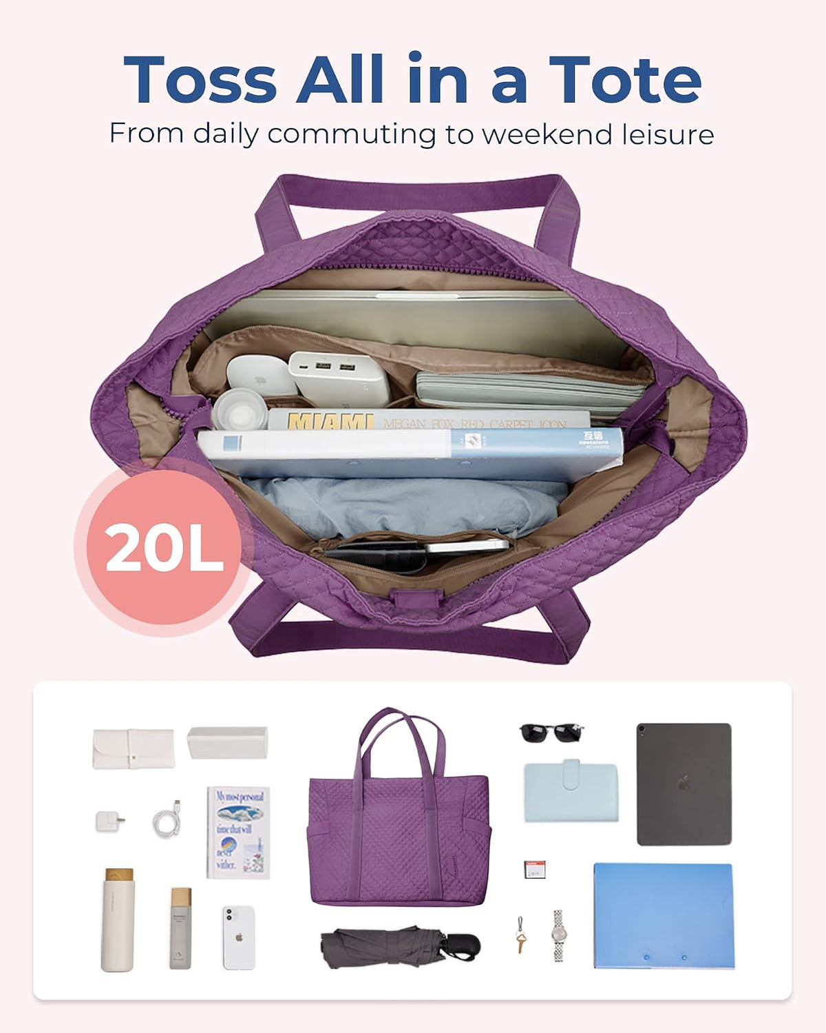 Crush Tote Bag for Women, 20L Puffer Work Tote with Zipper, Travel Essentials Quilted Nurse Hospital Bag