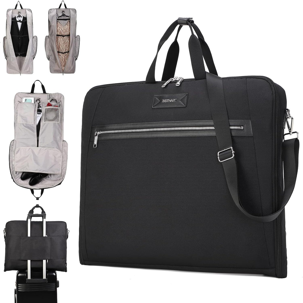 BESMART Garment Bags for Travel, 51" Large Suit Bag for Business Trips | Waterproof,Hangs 3 Suits,Foldable,Wrinkle Free Spacious Luggage Suit Cover,Adjustable Strap,Carry On Flight Approved,Black