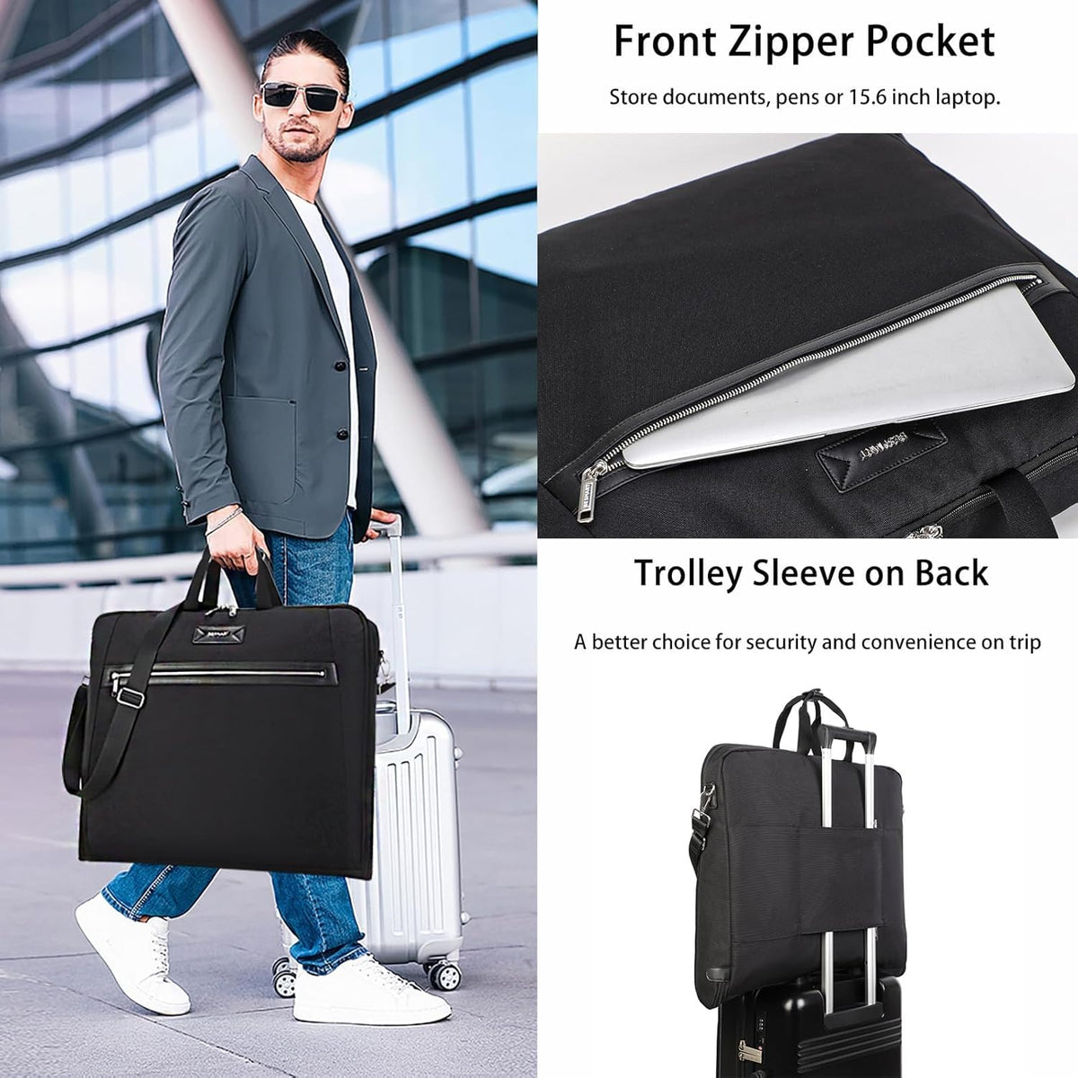 BESMART Garment Bags for Travel, 51" Large Suit Bag for Business Trips | Waterproof,Hangs 3 Suits,Foldable,Wrinkle Free Spacious Luggage Suit Cover,Adjustable Strap,Carry On Flight Approved,Black
