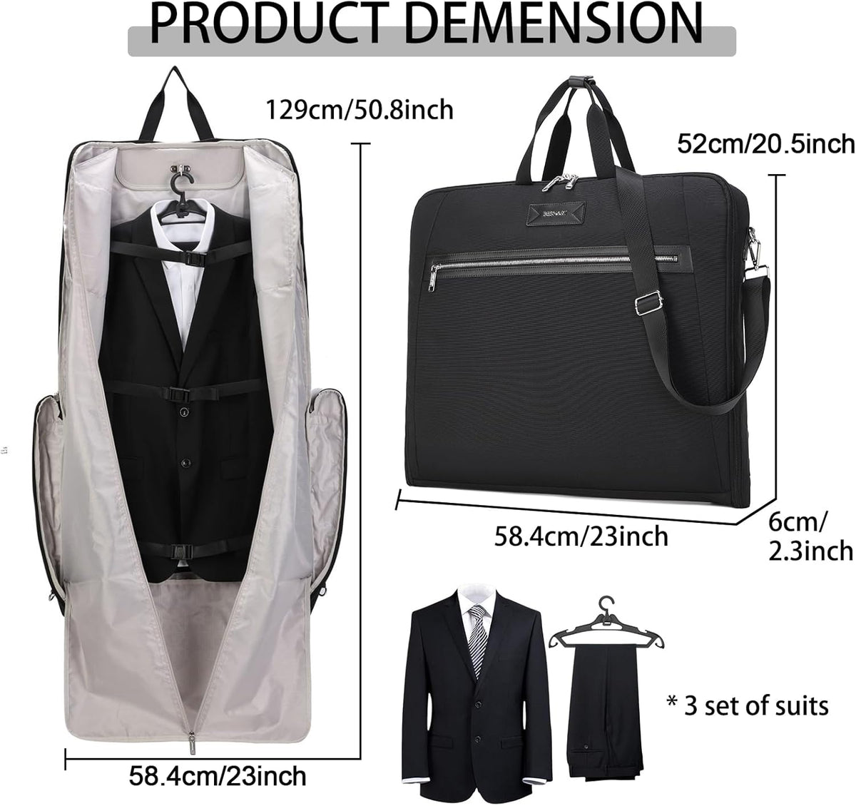 BESMART Garment Bags for Travel, 51" Large Suit Bag for Business Trips | Waterproof,Hangs 3 Suits,Foldable,Wrinkle Free Spacious Luggage Suit Cover,Adjustable Strap,Carry On Flight Approved,Black