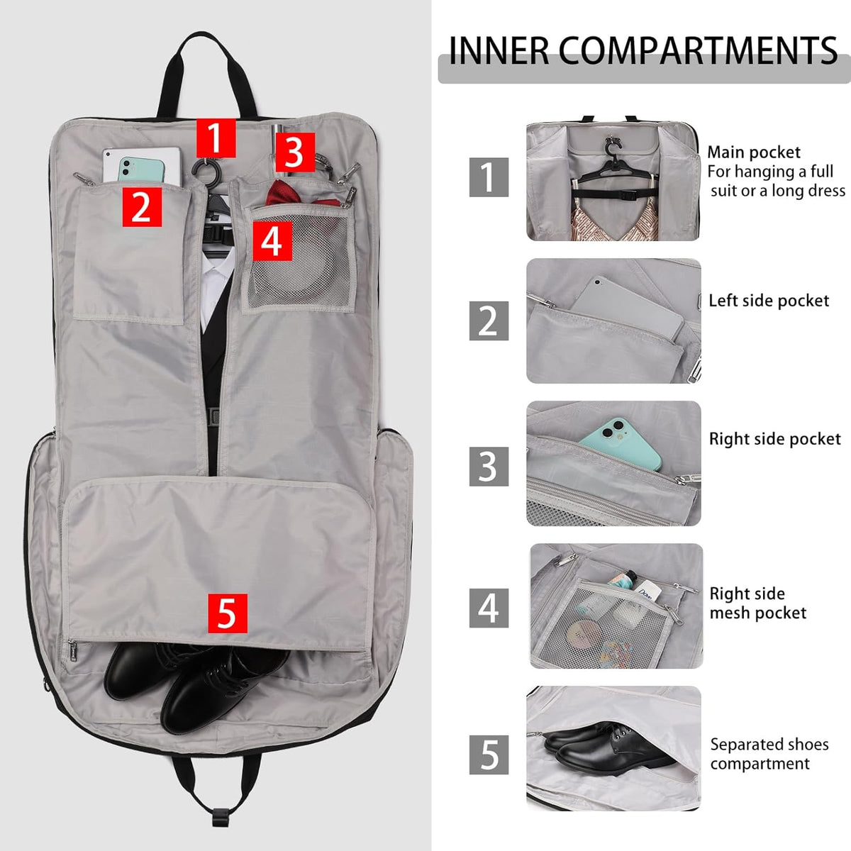 BESMART Garment Bags for Travel, 51" Large Suit Bag for Business Trips | Waterproof,Hangs 3 Suits,Foldable,Wrinkle Free Spacious Luggage Suit Cover,Adjustable Strap,Carry On Flight Approved,Black