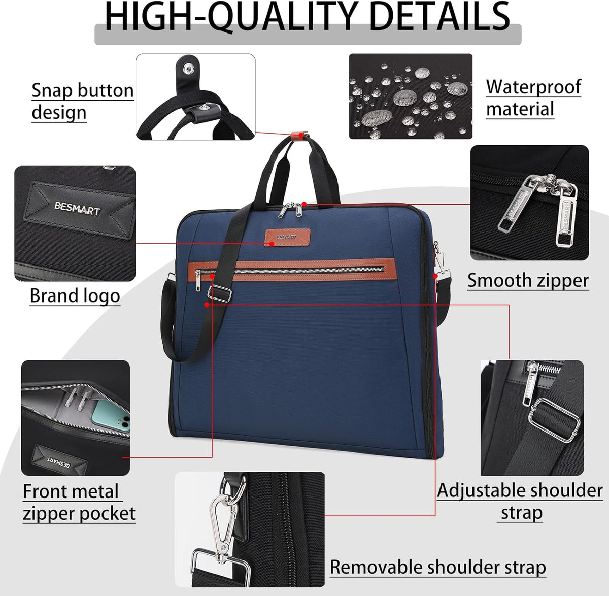 BESMART Garment Bags for Travel, 51" Large Suit Bag for Business Trips | Waterproof,Hangs 3 Suits,Foldable,Wrinkle Free Spacious Luggage Suit Cover,Adjustable Strap,Carry On Flight Approved,Black