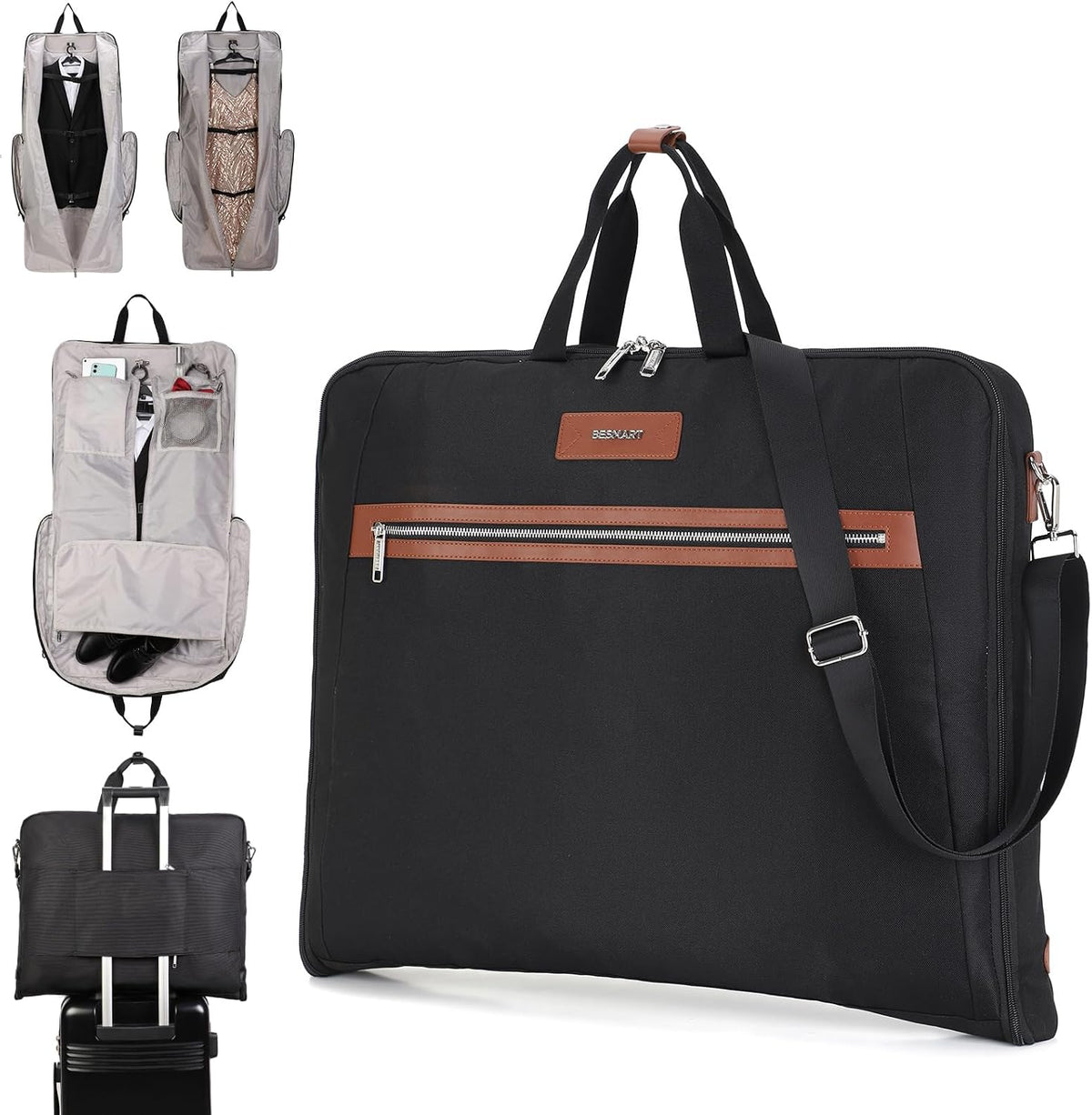 BESMART Garment Bags for Travel, 51" Large Suit Bag for Business Trips | Waterproof,Hangs 3 Suits,Foldable,Wrinkle Free Spacious Luggage Suit Cover,Adjustable Strap,Carry On Flight Approved,Black