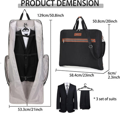 BESMART Garment Bags for Travel, 51" Large Suit Bag for Business Trips | Waterproof,Hangs 3 Suits,Foldable,Wrinkle Free Spacious Luggage Suit Cover,Adjustable Strap,Carry On Flight Approved,Black
