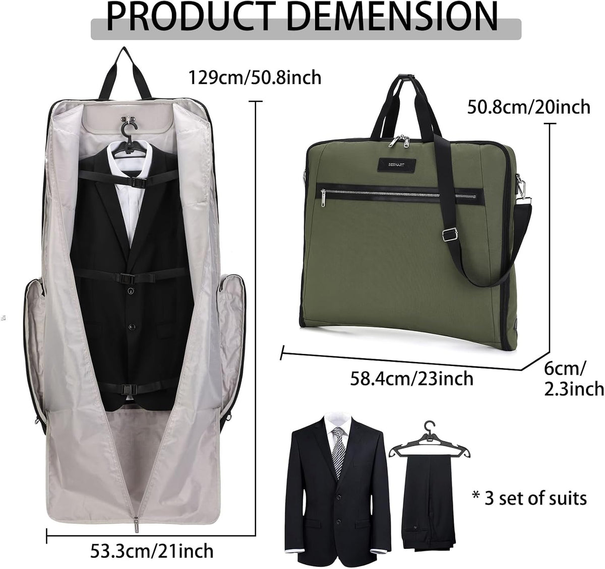 BESMART Garment Bags for Travel, 51" Large Suit Bag for Business Trips | Waterproof,Hangs 3 Suits,Foldable,Wrinkle Free Spacious Luggage Suit Cover,Adjustable Strap,Carry On Flight Approved,Black