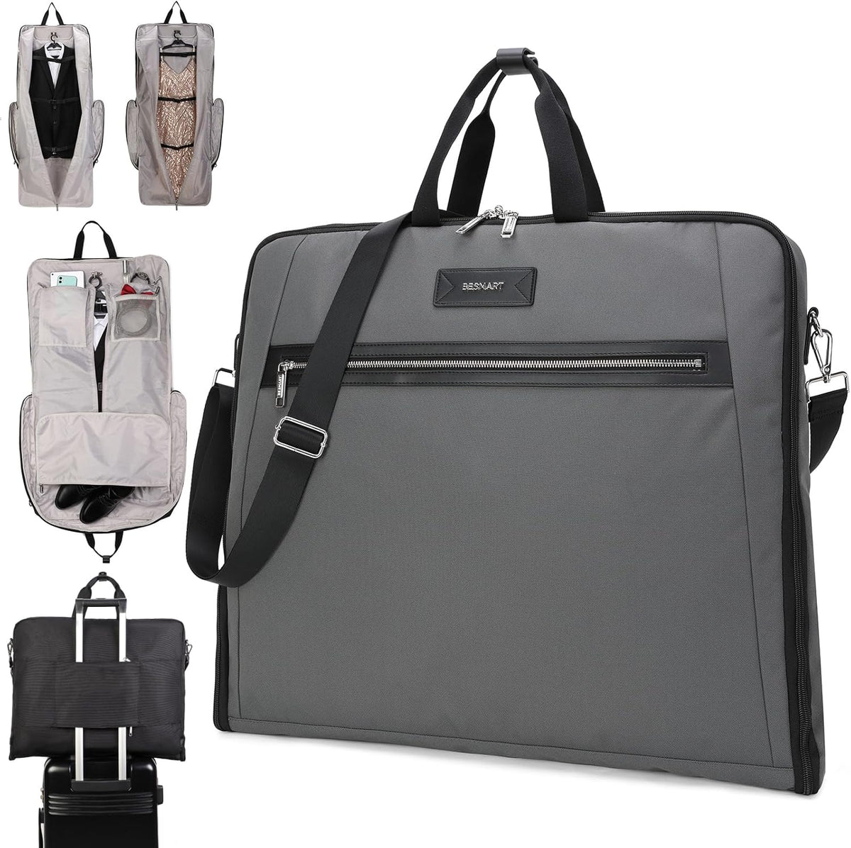 BESMART Garment Bags for Travel, 51" Large Suit Bag for Business Trips | Waterproof,Hangs 3 Suits,Foldable,Wrinkle Free Spacious Luggage Suit Cover,Adjustable Strap,Carry On Flight Approved,Black