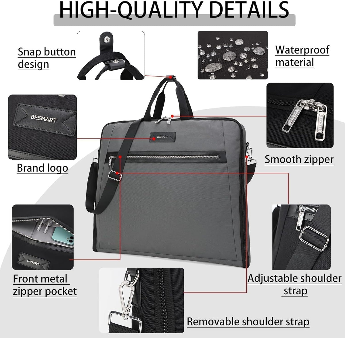 BESMART Garment Bags for Travel, 51" Large Suit Bag for Business Trips | Waterproof,Hangs 3 Suits,Foldable,Wrinkle Free Spacious Luggage Suit Cover,Adjustable Strap,Carry On Flight Approved,Black