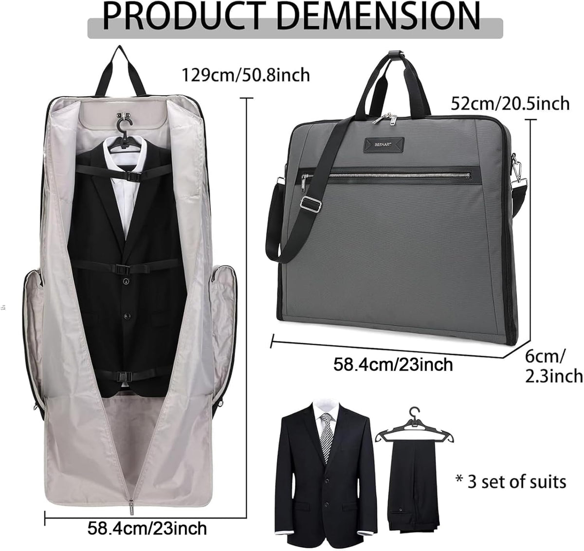 BESMART Garment Bags for Travel, 51" Large Suit Bag for Business Trips | Waterproof,Hangs 3 Suits,Foldable,Wrinkle Free Spacious Luggage Suit Cover,Adjustable Strap,Carry On Flight Approved,Black