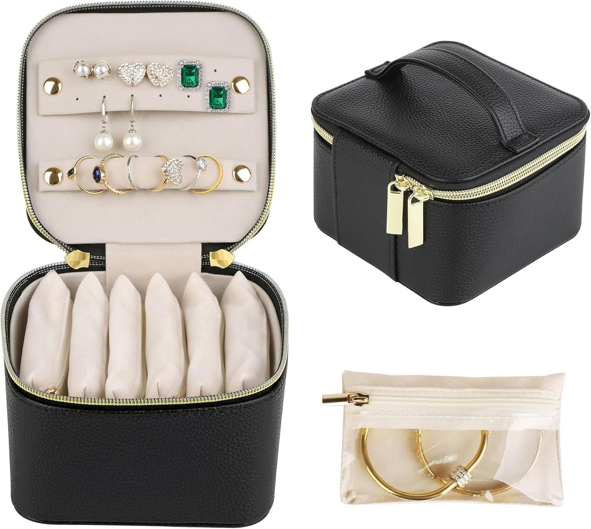 Jewelry Box Organizer for Women Girls, Travel Jewelry Case with Portable Zipper Bags, Jewelry Storage Ideal for Travel & Home Organization (Black Faux Leather)