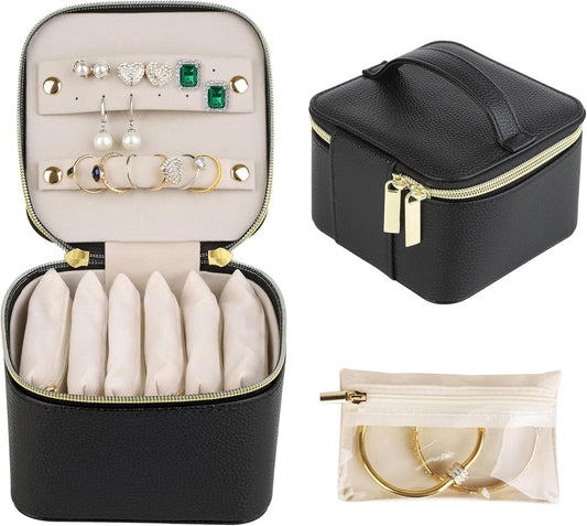 Jewelry Box Organizer for Women Girls, Travel Jewelry Case with Portable Zipper Bags, Jewelry Storage Ideal for Travel & Home Organization (Black Faux Leather)