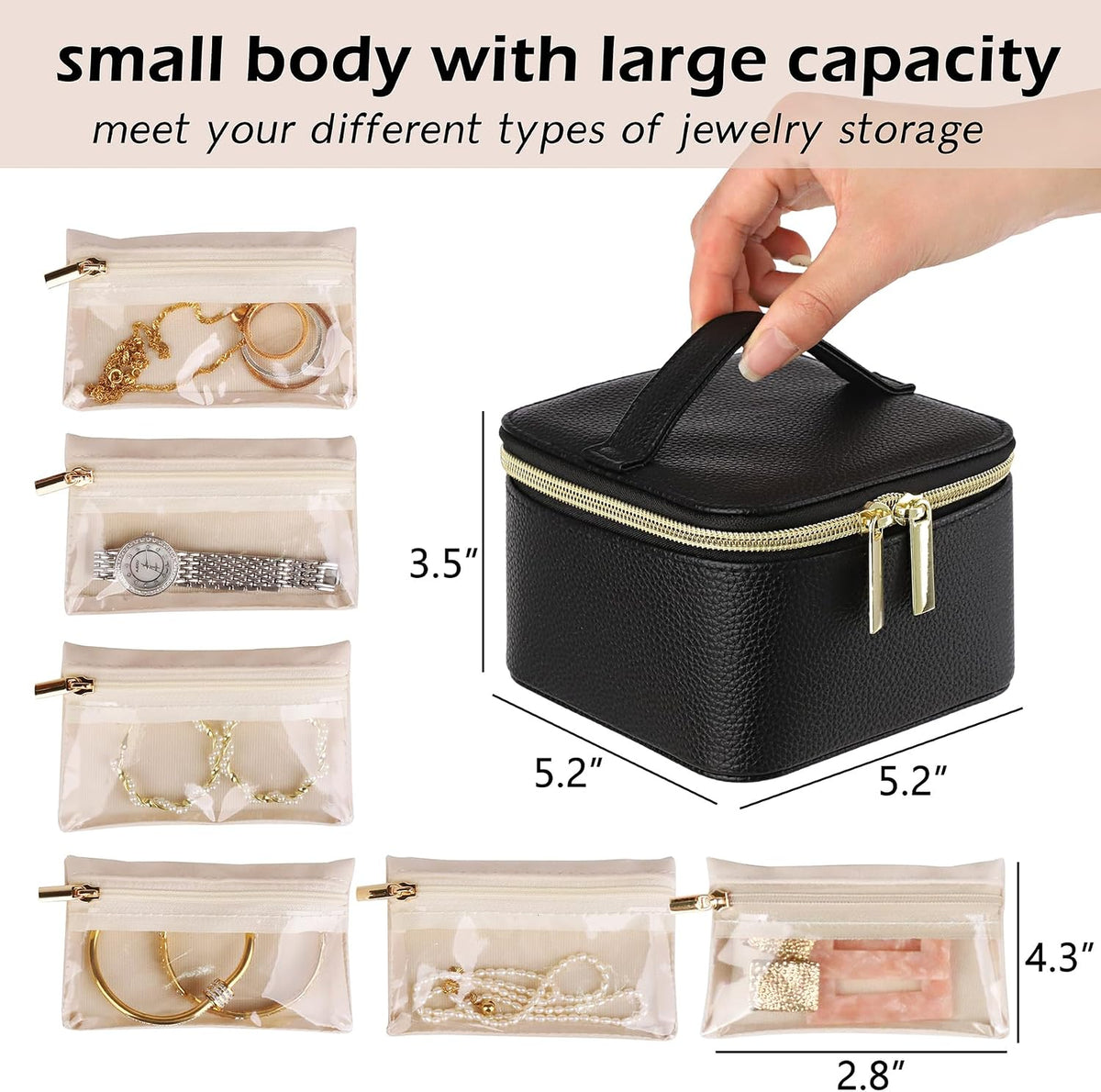 Jewelry Box Organizer for Women Girls, Travel Jewelry Case with Portable Zipper Bags, Jewelry Storage Ideal for Travel & Home Organization (Black Faux Leather)
