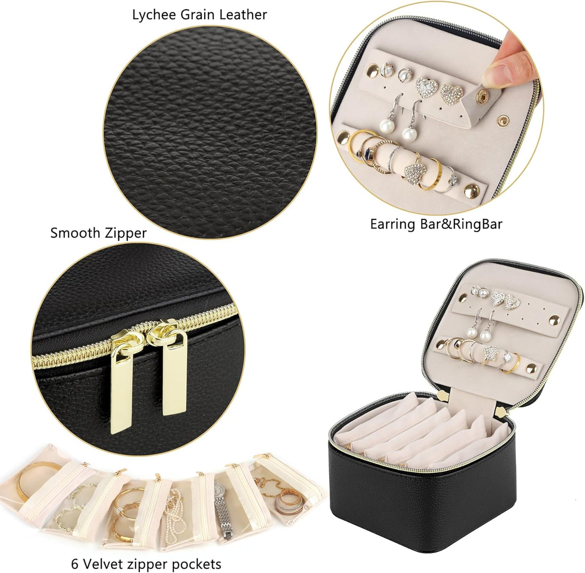 Jewelry Box Organizer for Women Girls, Travel Jewelry Case with Portable Zipper Bags, Jewelry Storage Ideal for Travel & Home Organization (Black Faux Leather)