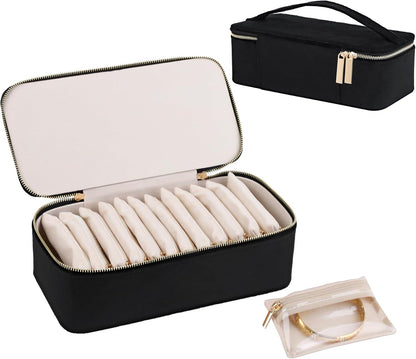 Jewelry Box Organizer for Women Girls, Travel Jewelry Case with Portable Zipper Bags, Jewelry Storage Ideal for Travel & Home Organization (Black Faux Leather)