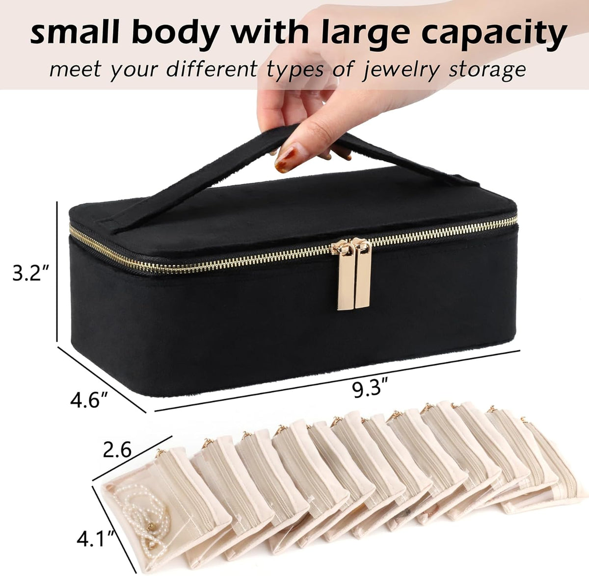 Jewelry Box Organizer for Women Girls, Travel Jewelry Case with Portable Zipper Bags, Jewelry Storage Ideal for Travel & Home Organization (Black Faux Leather)