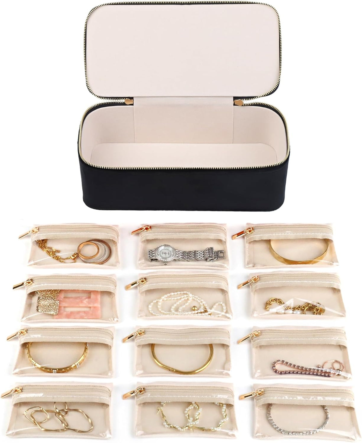Jewelry Box Organizer for Women Girls, Travel Jewelry Case with Portable Zipper Bags, Jewelry Storage Ideal for Travel & Home Organization (Black Faux Leather)