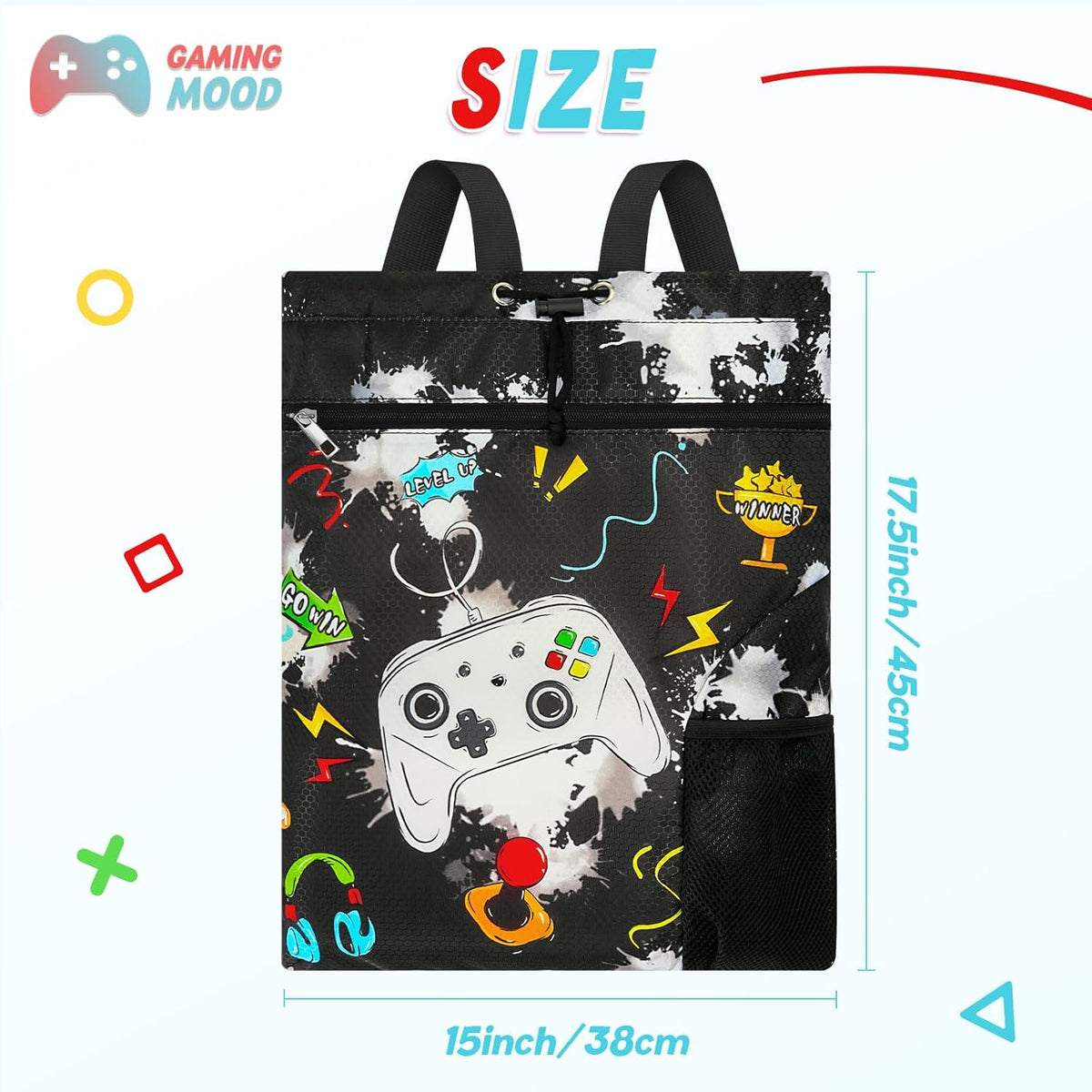 Gym Drawstring Backpack String Bag - 15” x 17” Sports Gym Bag for Kids Waterproof Swimming Beach Shopping Yoga Bag