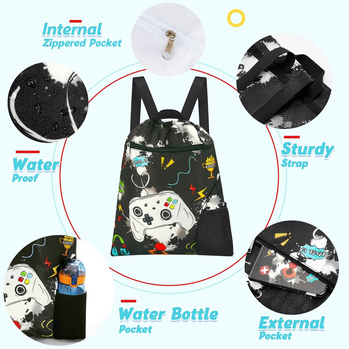 Gym Drawstring Backpack String Bag - 15” x 17” Sports Gym Bag for Kids Waterproof Swimming Beach Shopping Yoga Bag