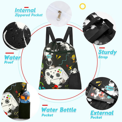 Gym Drawstring Backpack String Bag - 15” x 17” Sports Gym Bag for Kids Waterproof Swimming Beach Shopping Yoga Bag