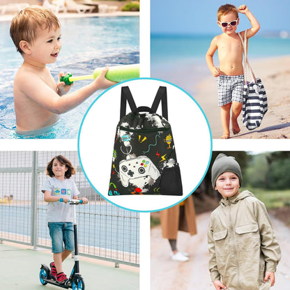 Gym Drawstring Backpack String Bag - 15” x 17” Sports Gym Bag for Kids Waterproof Swimming Beach Shopping Yoga Bag