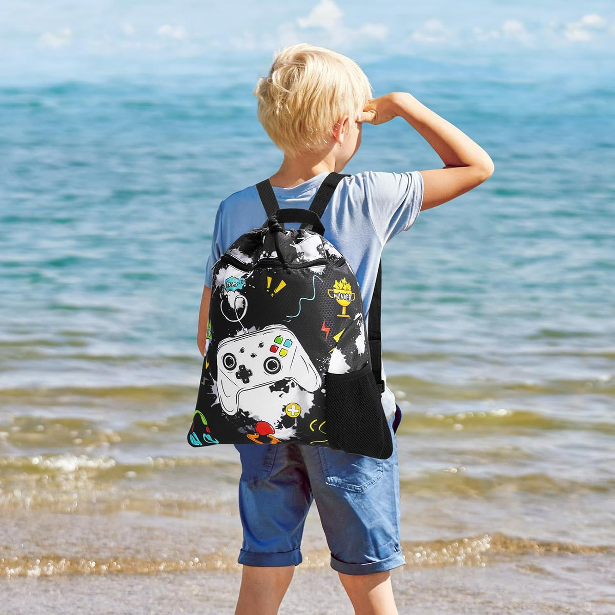 Gym Drawstring Backpack String Bag - 15” x 17” Sports Gym Bag for Kids Waterproof Swimming Beach Shopping Yoga Bag