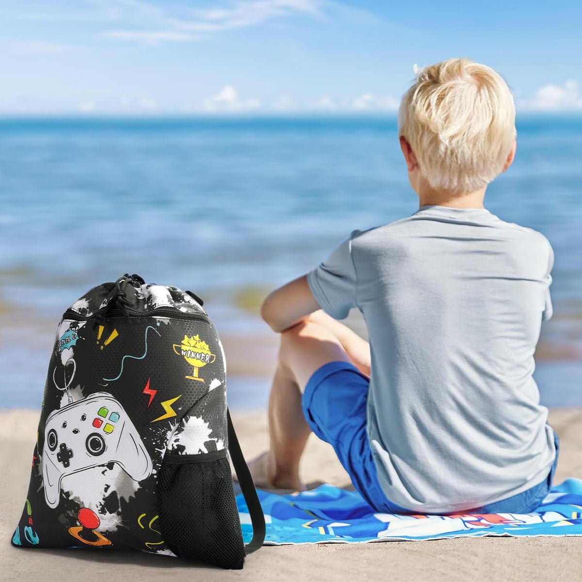 Gym Drawstring Backpack String Bag - 15” x 17” Sports Gym Bag for Kids Waterproof Swimming Beach Shopping Yoga Bag