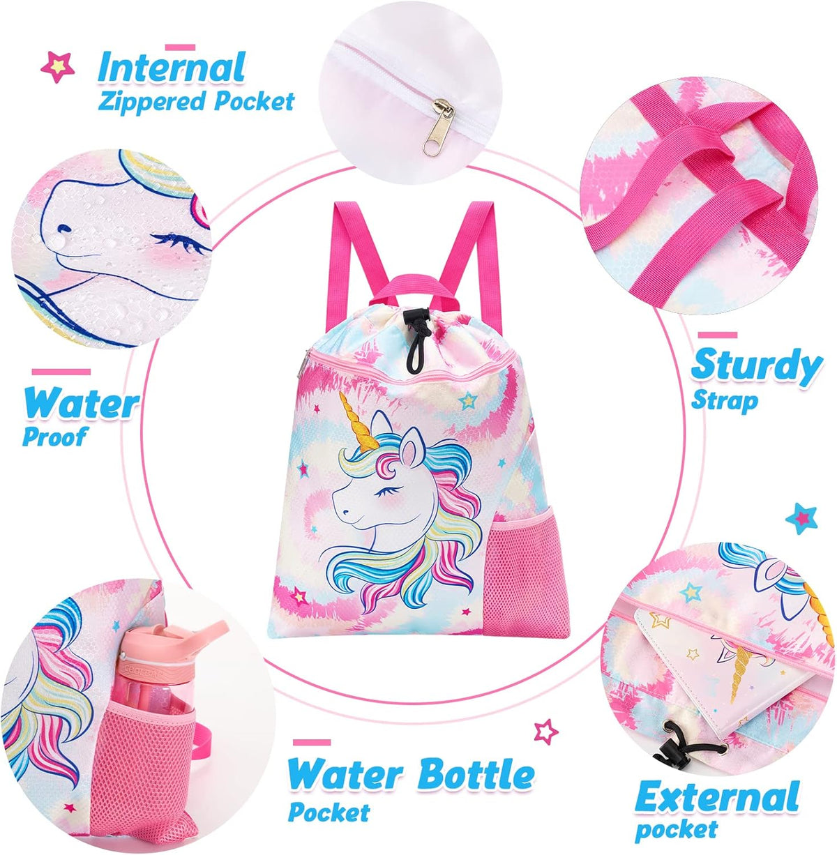 Gym Drawstring Backpack String Bag - 15” x 17” Sports Gym Bag for Kids Waterproof Swimming Beach Shopping Yoga Bag